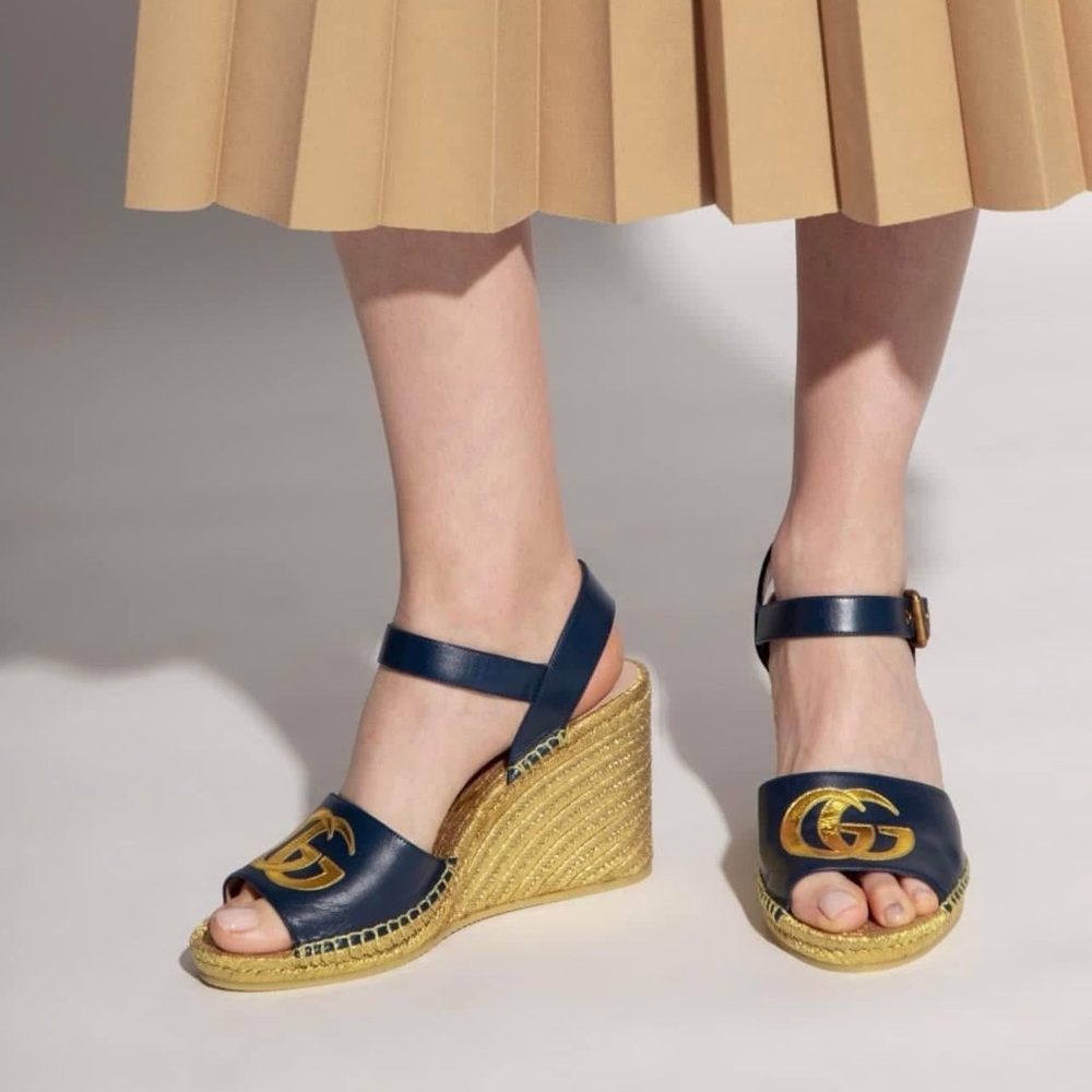 Gucci Navy and Gold Espadrille Wedges
